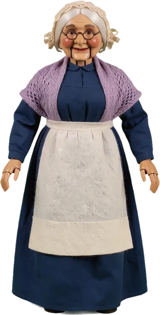Die Figur der Großmutter mit weißem Haar, runder Brille und Schultertuch.