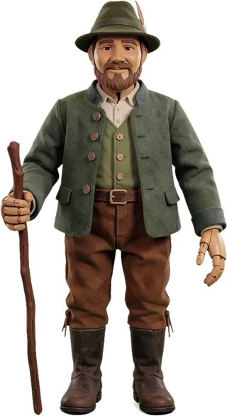 Die Figur des Jägers mit grünem Hut, grüner Jacke und Wanderstock.