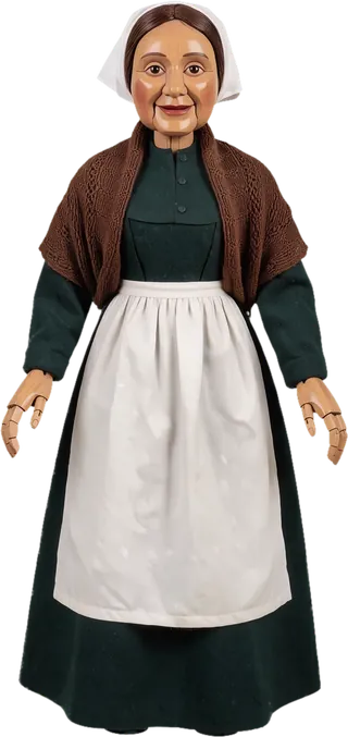 Die Figur der Mutter mit weißer Haube, braunem Schultertuch und Schürze.
