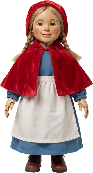 Die Figur Rotkäppchen mit roter Kappe, rotem Umhang und weißer Schürze.