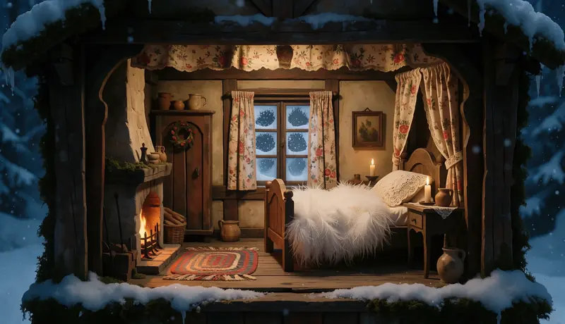 Die Schlafstube der Großmutter mit Himmelbett, Kamin und Vorhängen am Fenster.
