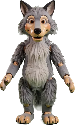 Die Figur des Wolfs mit grauem Fell.